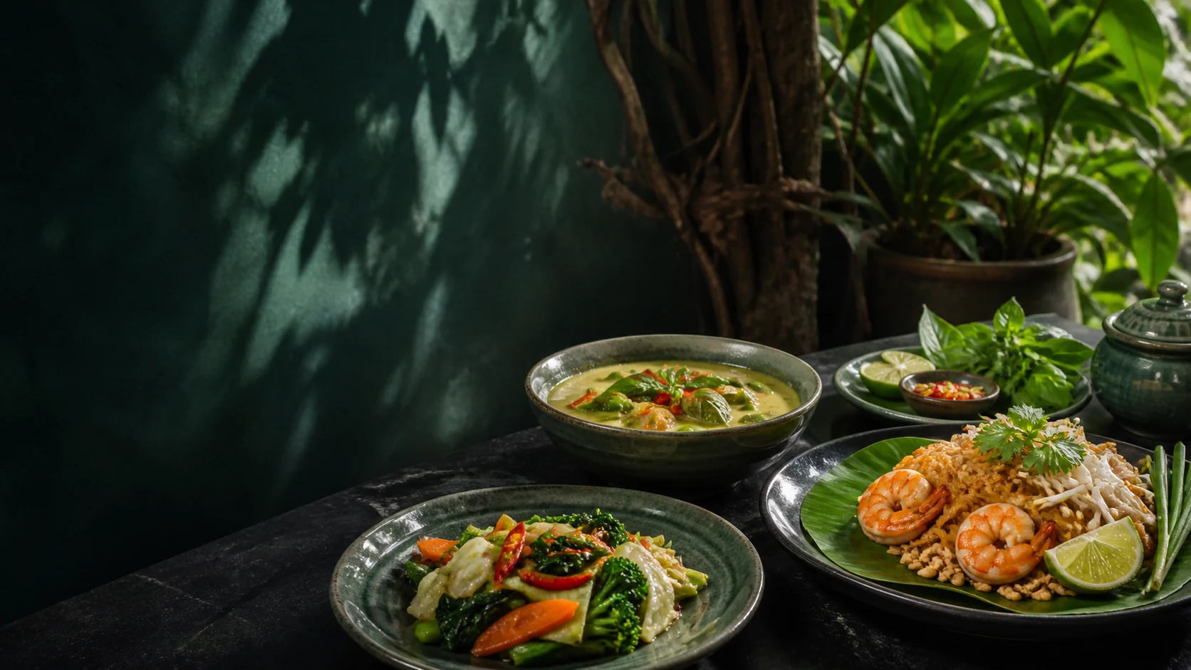 Thai-Curry und Kräuter an einem hellen Bangkok-Innenhof