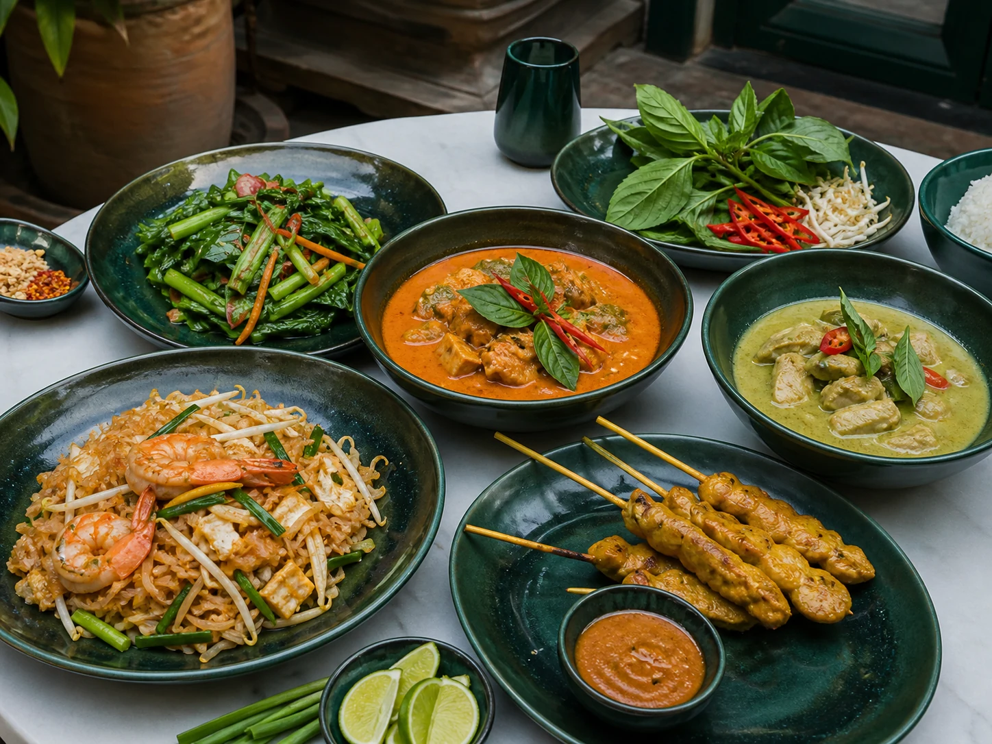 Helle Thai-Tafel mit Curry, Nudeln, Kräutern und Limette